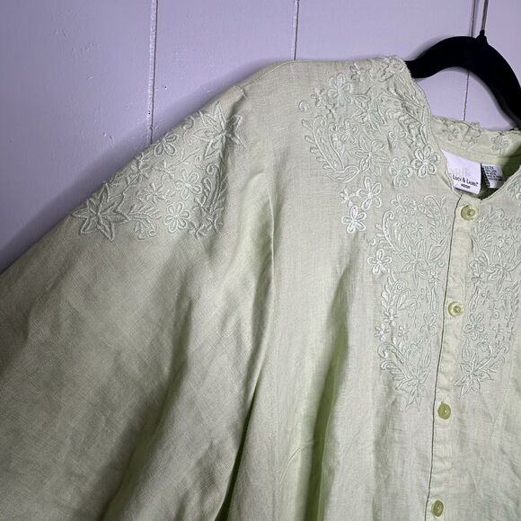 Lucy & Laurel Woman Plus Size 2X Green Blouse 100% Linen Button Up Embroidered - Picture 5 of 12